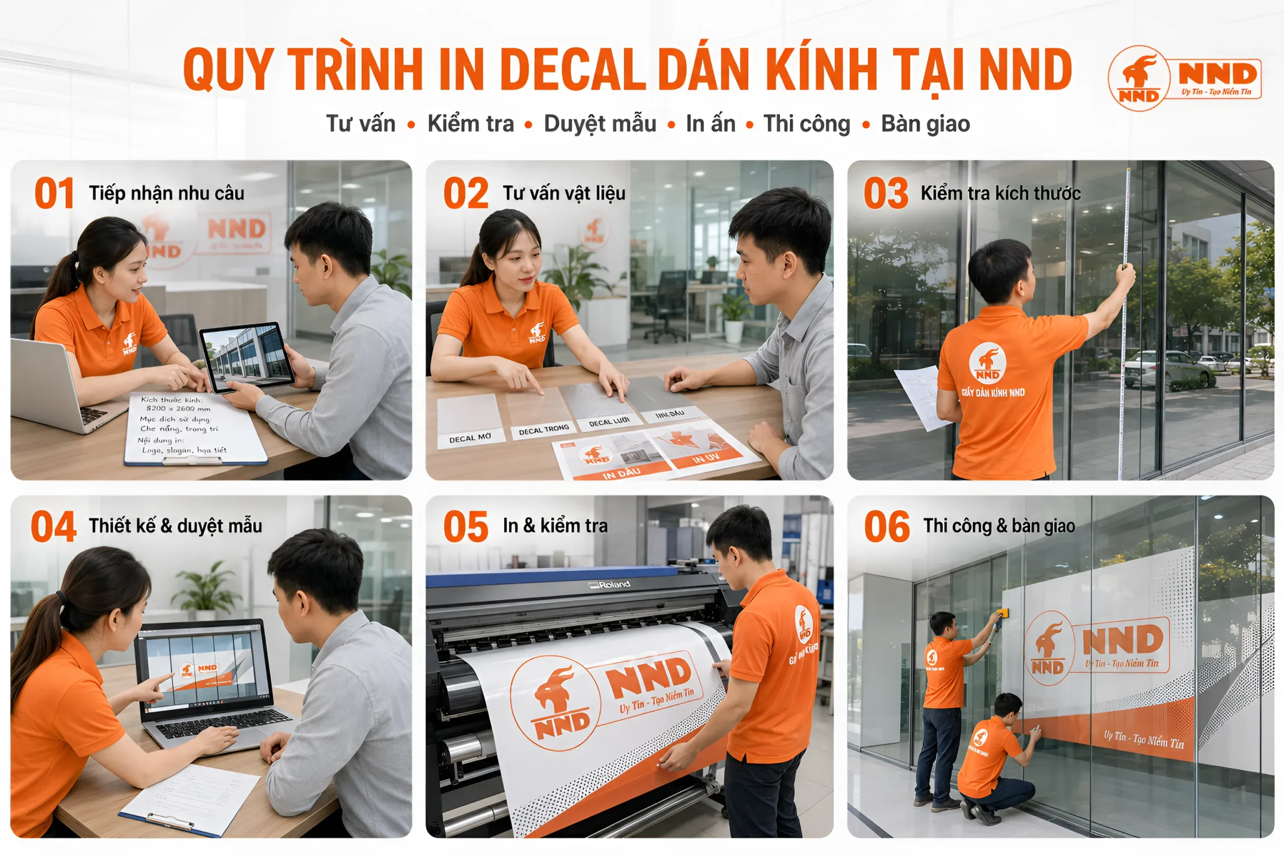 Quy trình in decal dán kính tại NND từ tư vấn thiết kế đến thi công bàn giao