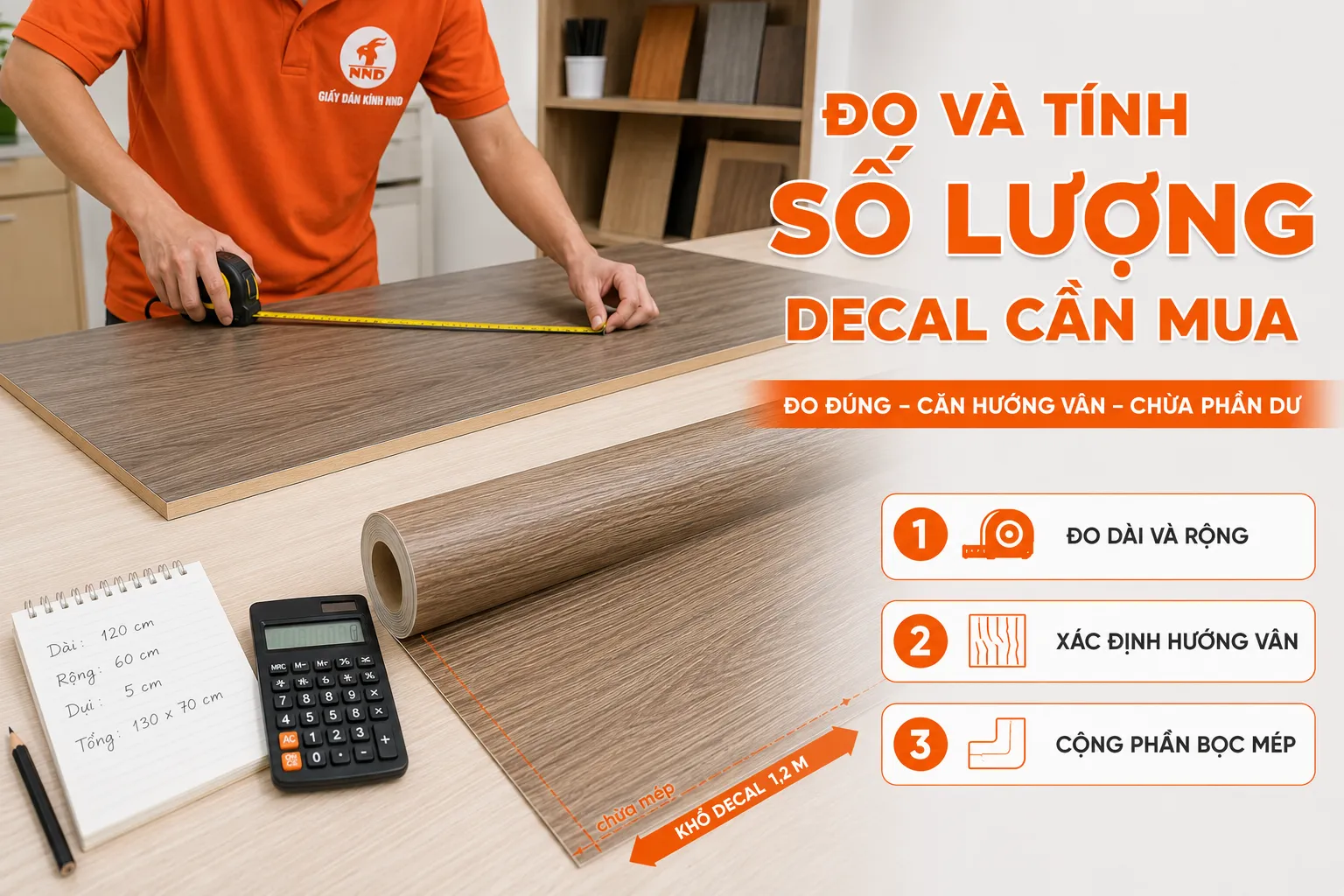 Nhân viên đo kích thước mặt bàn, xác định hướng vân và phần bọc mép để tính số mét decal cần mua