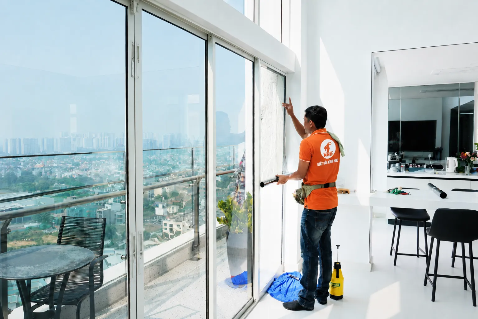 Kỹ thuật viên NND thi công phim cách nhiệt cho cửa kính căn hộ cao tầng bằng dụng cụ chuyên dụng.