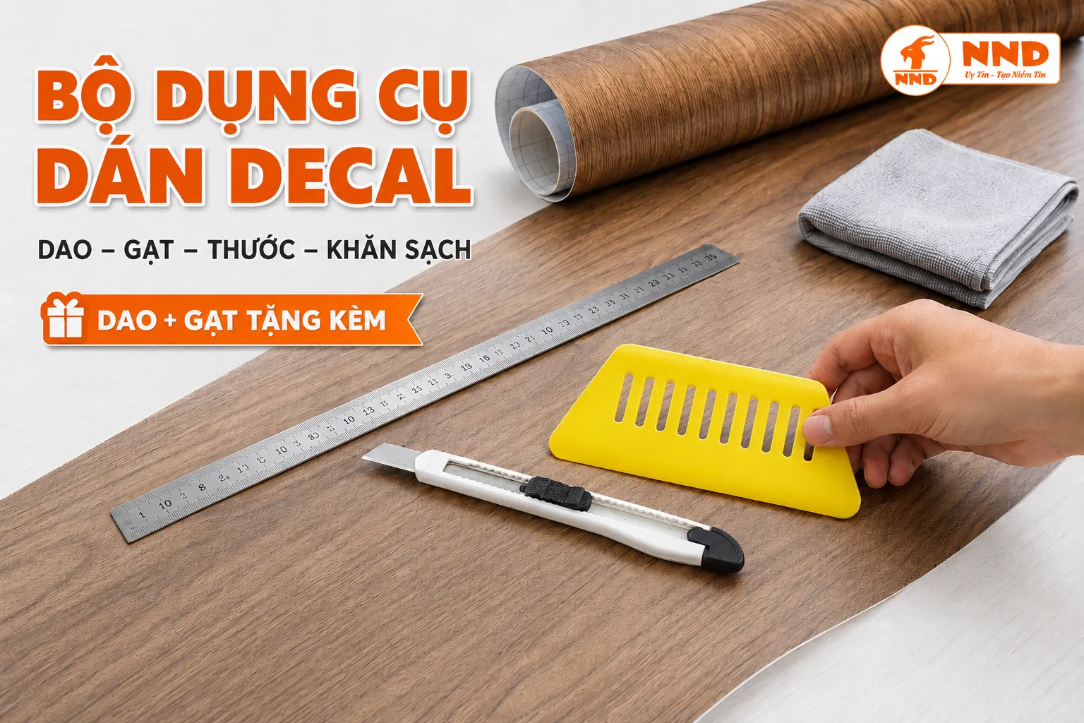 Bộ dụng cụ thi công gồm dao rọc giấy, gạt, thước kim loại và khăn sạch đặt trên vật liệu vân gỗ