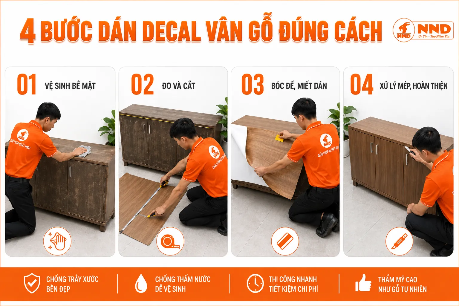 Hướng dẫn bốn bước dán decal vân gỗ lên tủ: vệ sinh, đo cắt, bóc đế miết dán và xử lý mép
