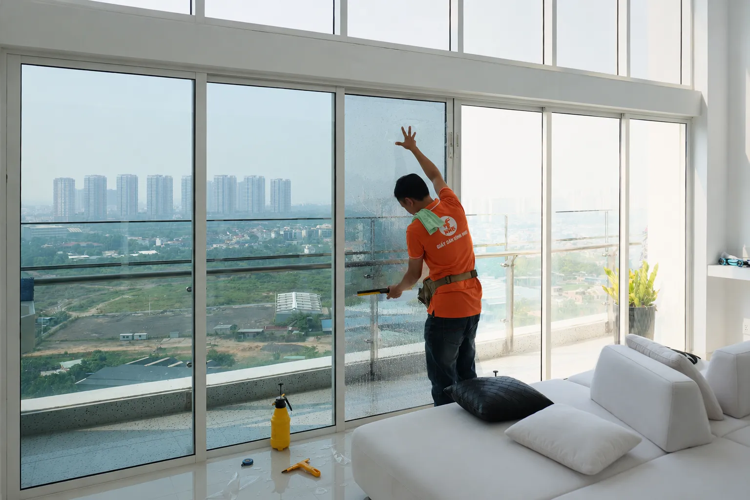 Thợ NND dán phim cách nhiệt cho hệ cửa kính lớn trong phòng khách hiện đại nhìn ra thành phố.