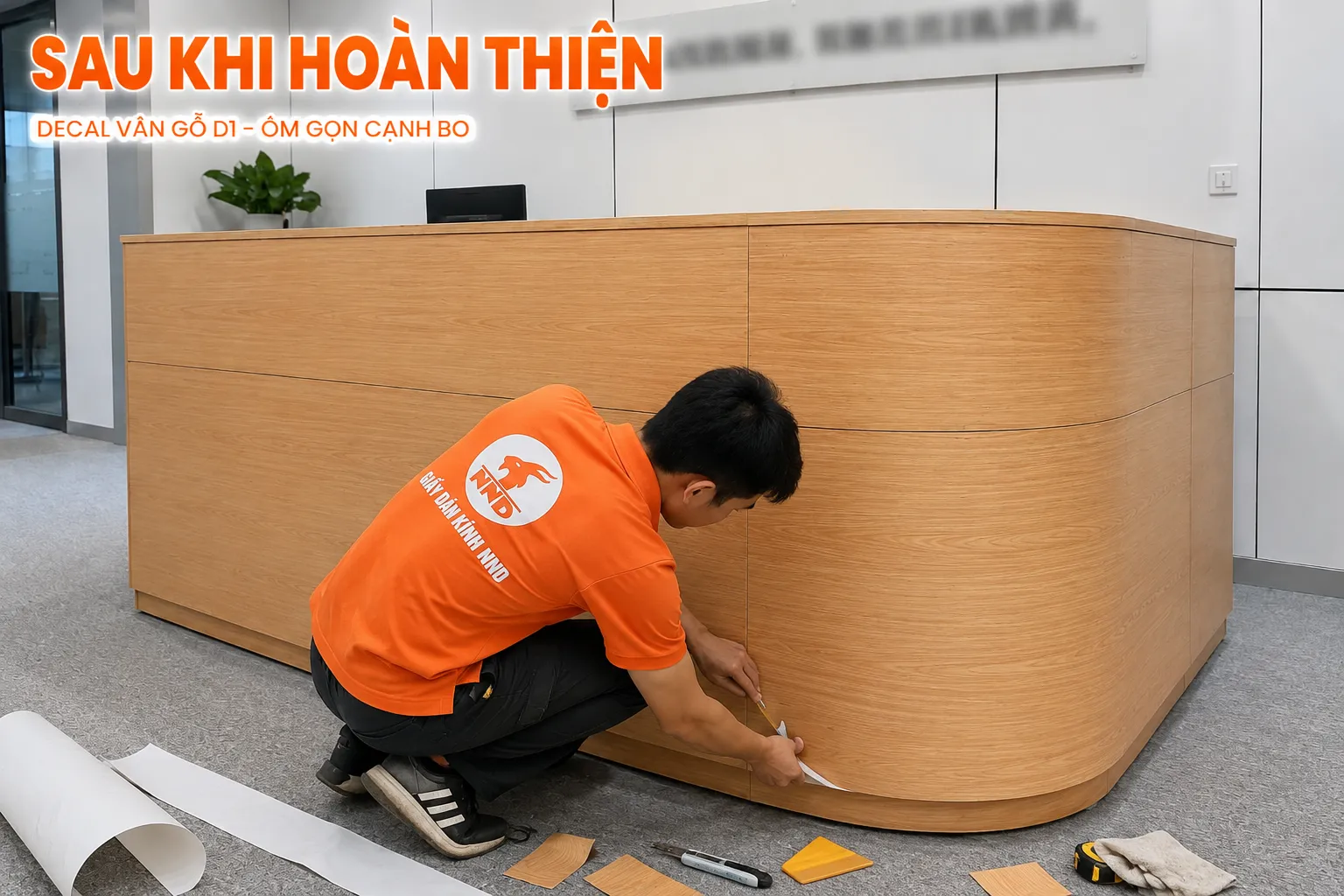 Quầy lễ tân sau khi phủ decal vân gỗ mã D1, bề mặt cong và cạnh bo được hoàn thiện đồng đều