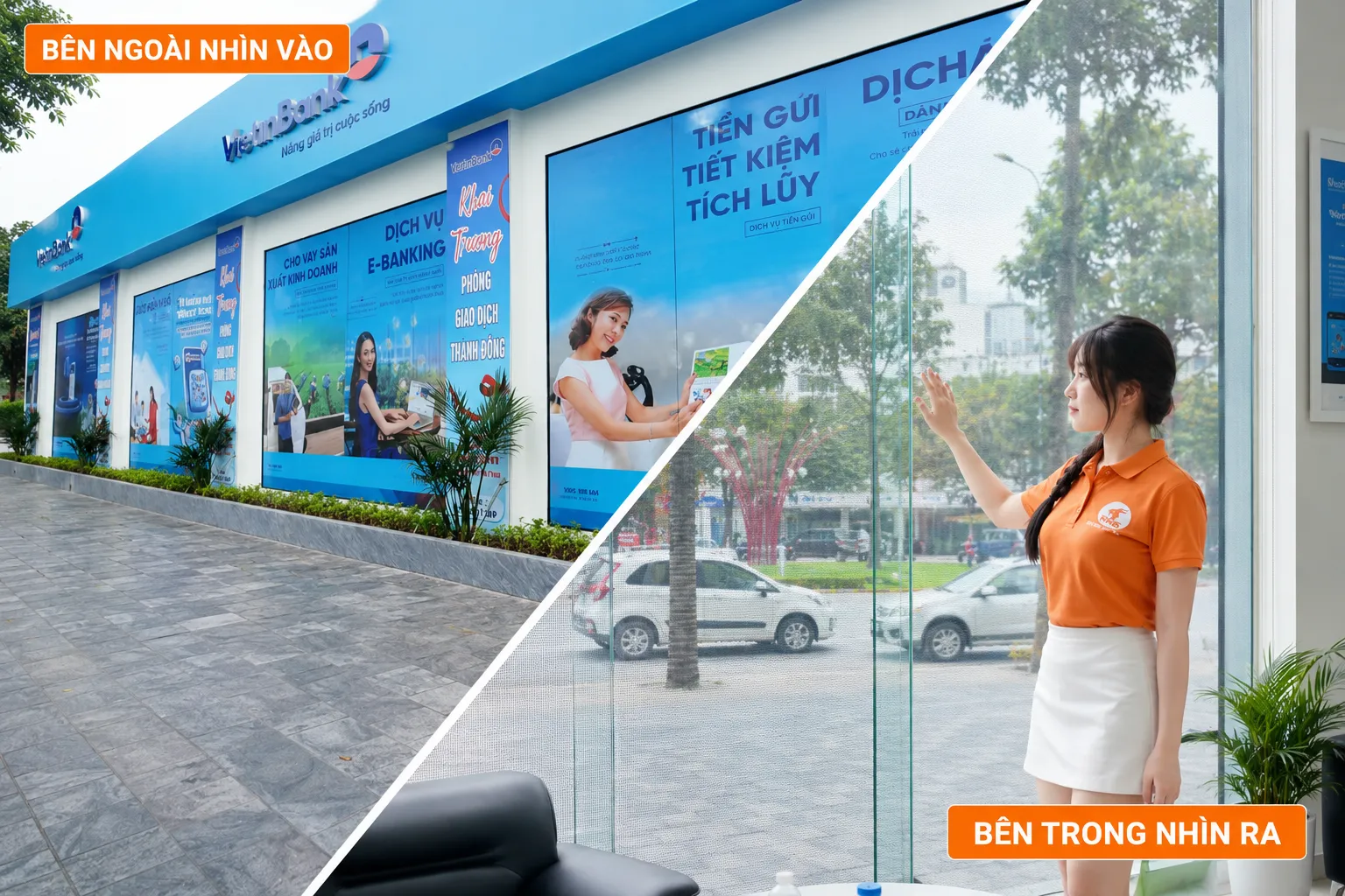 So sánh decal lưới nhìn từ bên ngoài và bên trong tại ngân hàng VietinBank