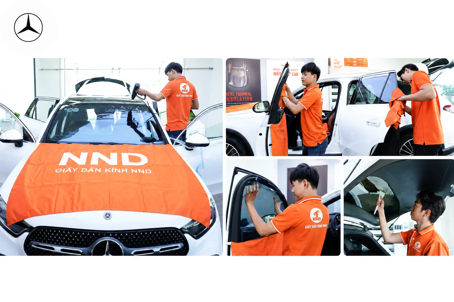 Quy trình kỹ thuật viên NND thi công phim cách nhiệt cho kính lái, kính sườn và kính hậu ô tô Mercedes.