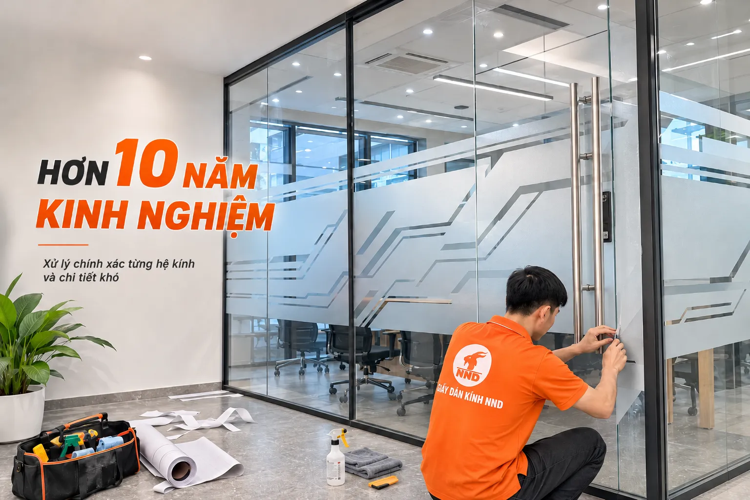 Thợ NND hoàn thiện decal mờ họa tiết trên cửa kính văn phòng