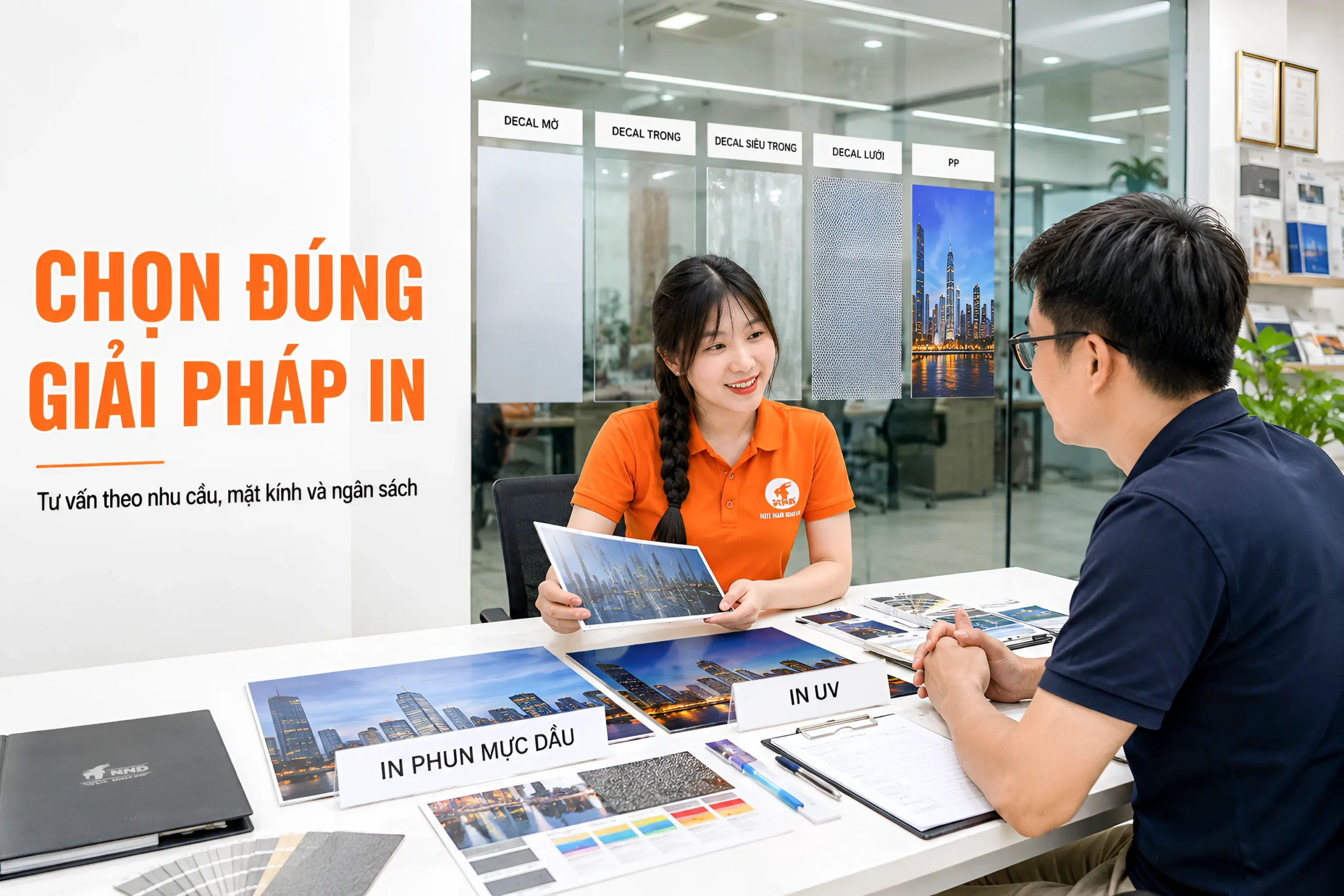 Nhân viên NND tư vấn lựa chọn vật liệu và công nghệ in decal dán kính