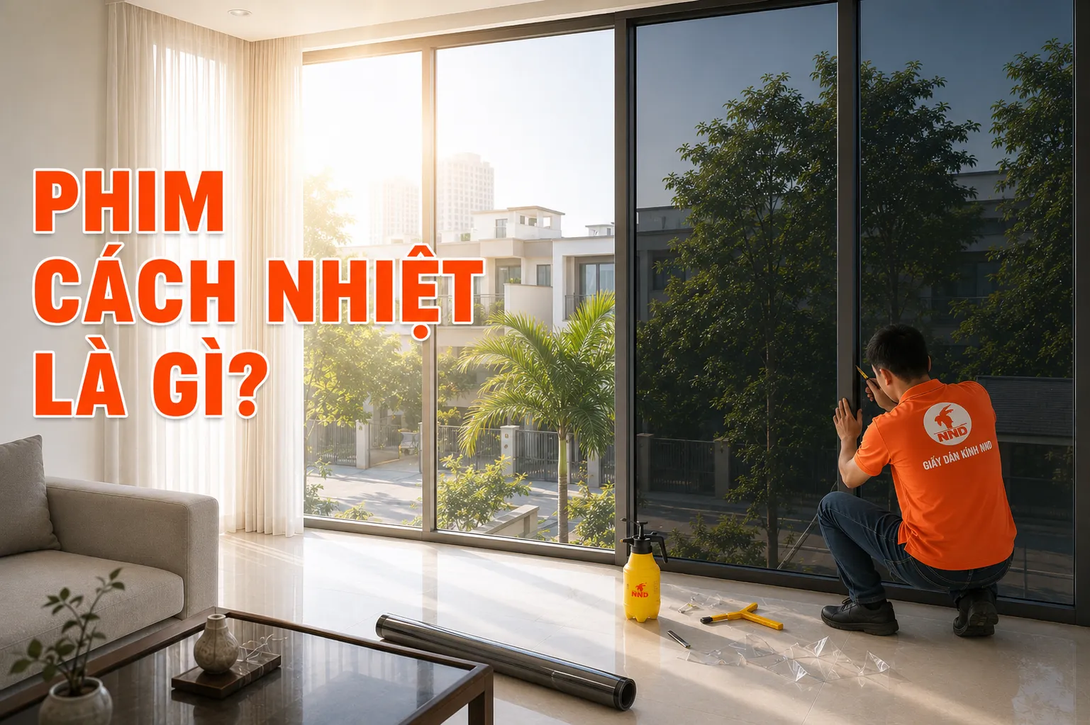 Kỹ thuật viên NND thi công phim cách nhiệt trên hệ cửa kính lớn trong phòng khách hiện đại.