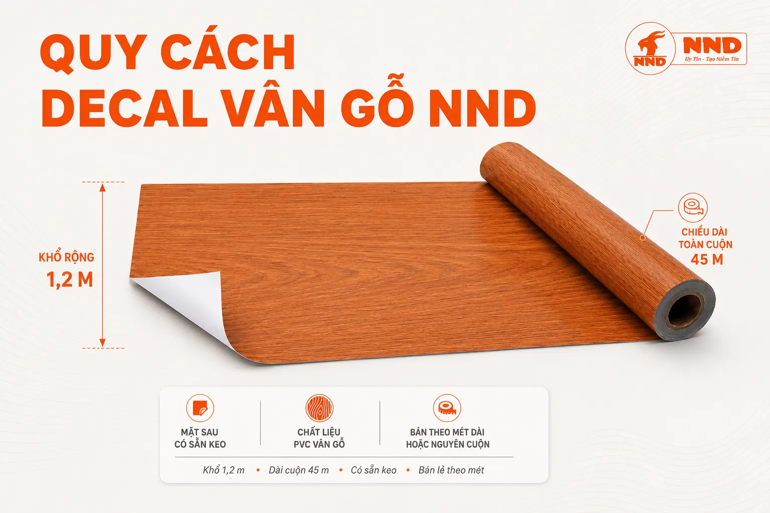 Cuộn decal vân gỗ NND khổ rộng 1,2 m, dài 45 m, có thể mua theo mét hoặc nguyên cuộn