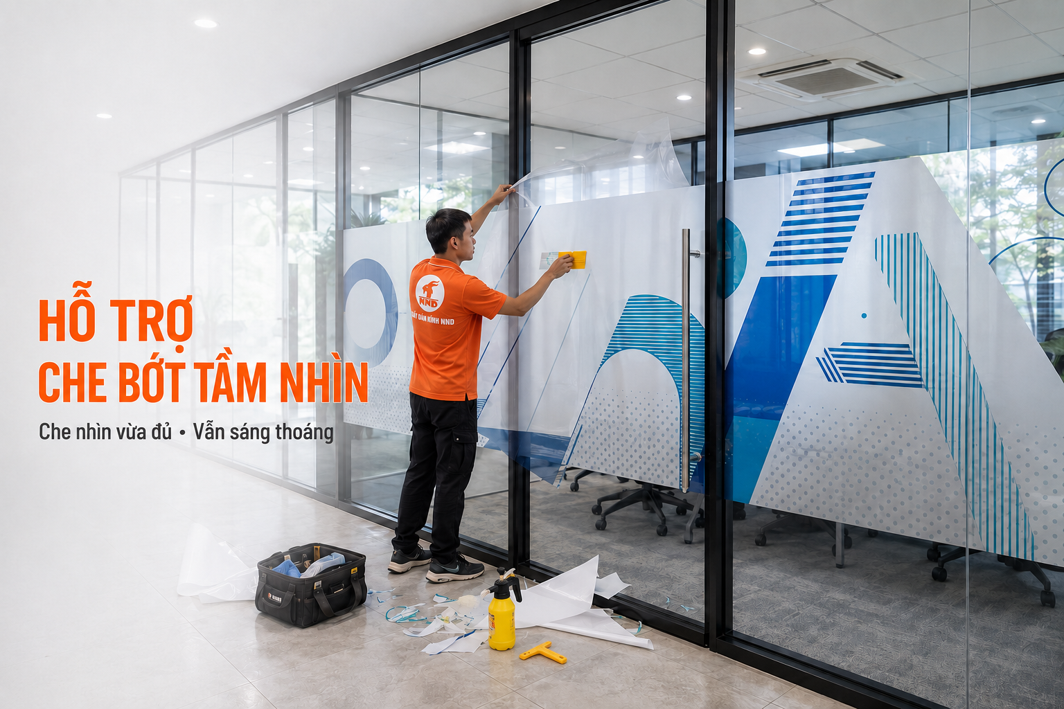 Thợ NND thi công decal in họa tiết xanh trên vách kính văn phòng
