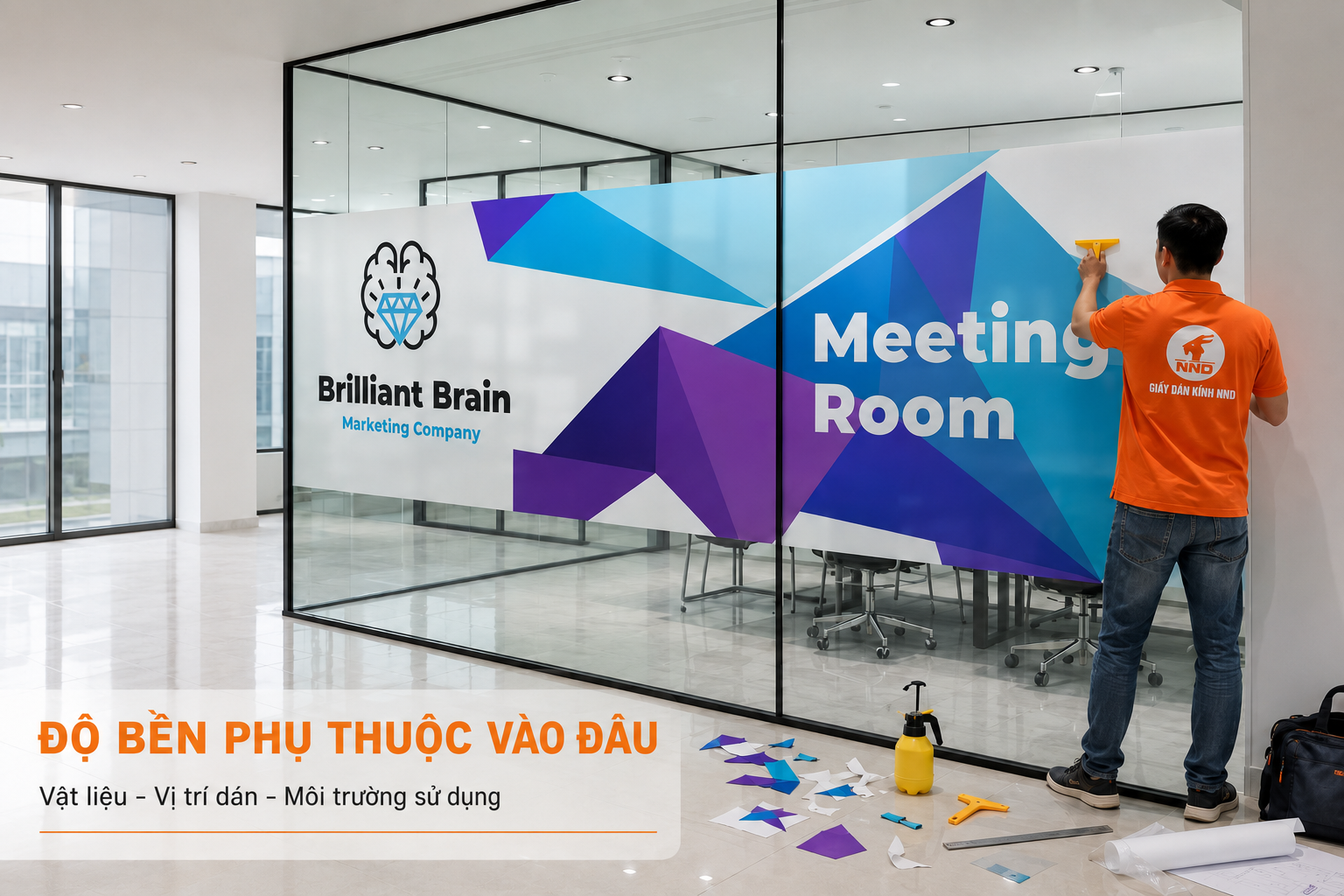 Thi công decal in màu phòng họp Brilliant Brain trên vách kính văn phòng