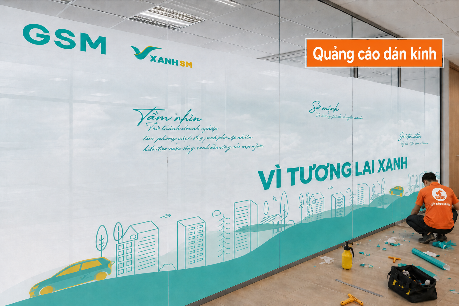 Thi công decal quảng cáo Xanh SM trên hệ vách kính văn phòng