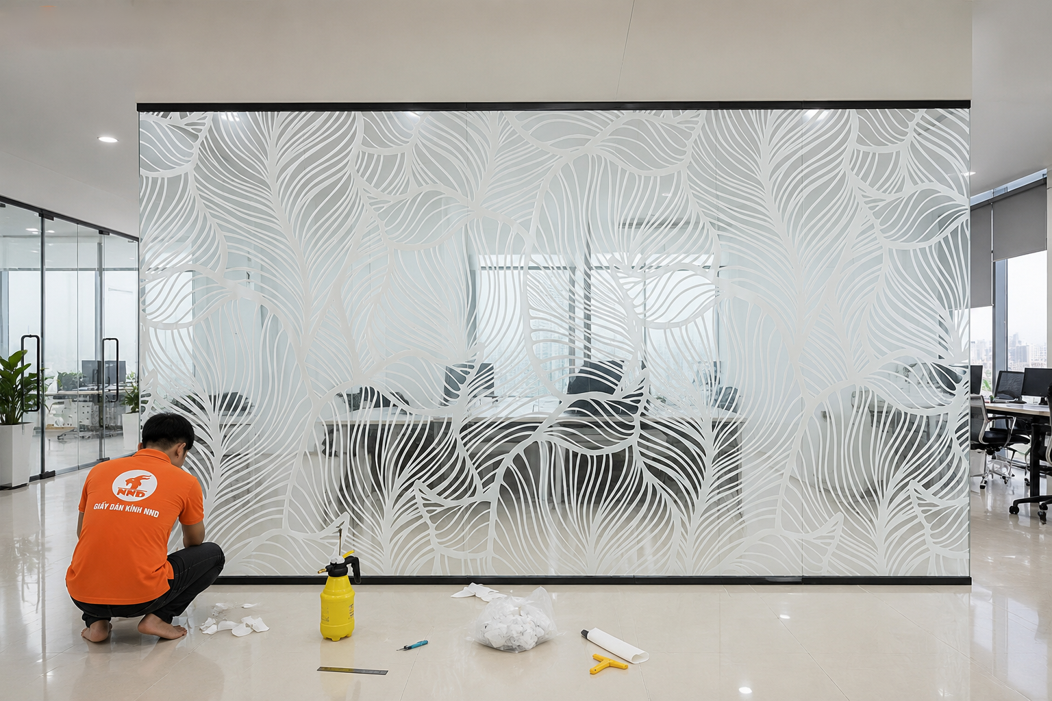 Thi công decal họa tiết lá trắng che bớt tầm nhìn cho văn phòng