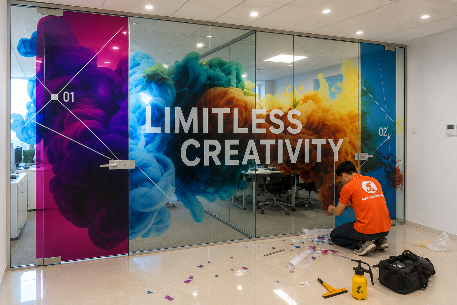 Thợ NND dán decal in màu Limitless Creativity trên kính phòng làm việc