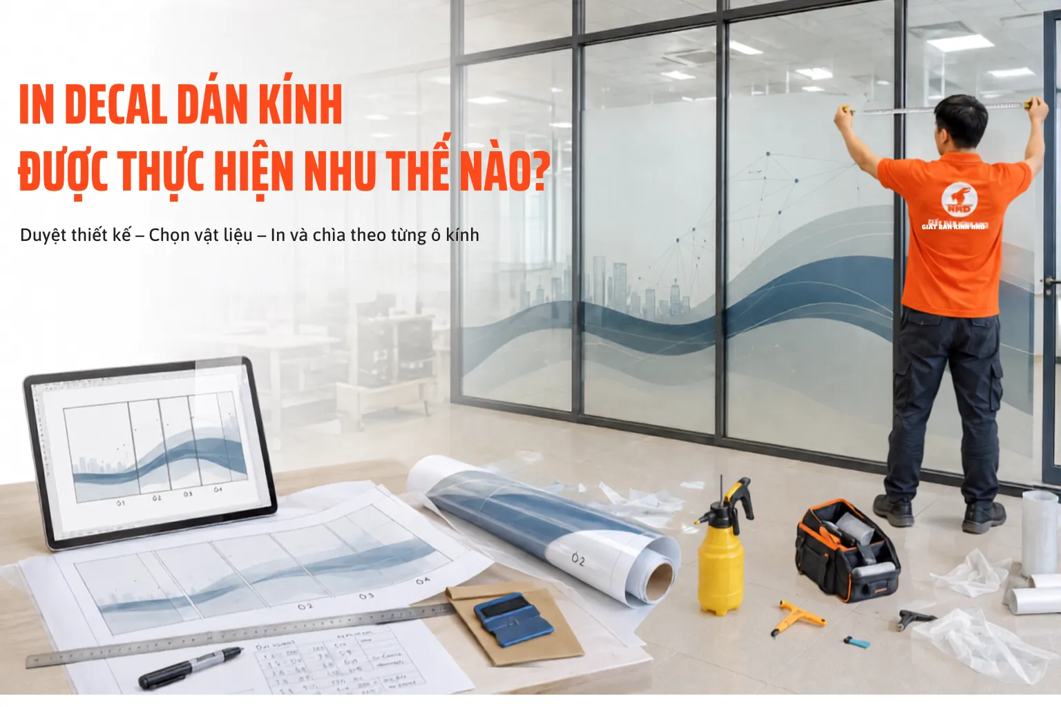 Quy trình đo kích thước và chia file in decal theo từng ô kính văn phòng
