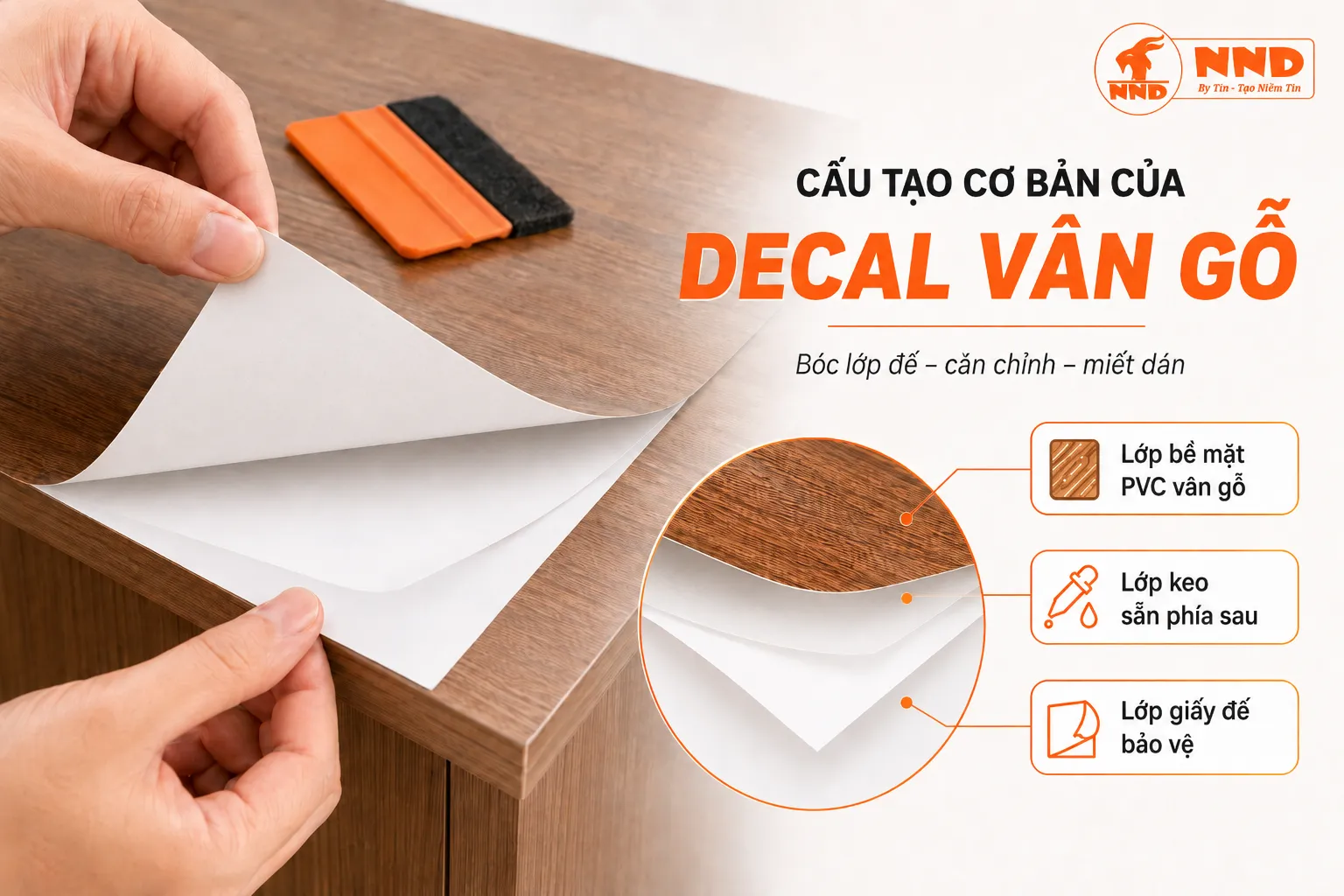 Minh họa cấu tạo ba lớp của decal vân gỗ gồm bề mặt PVC, lớp keo phía sau và giấy đế bảo vệ