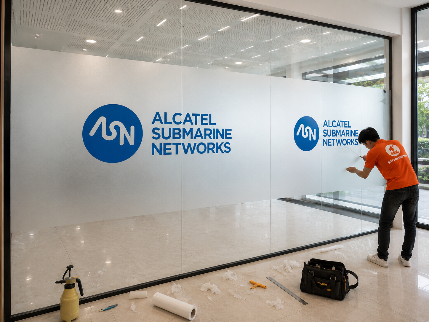 Thi công decal mờ in logo Alcatel Submarine Networks trên vách kính