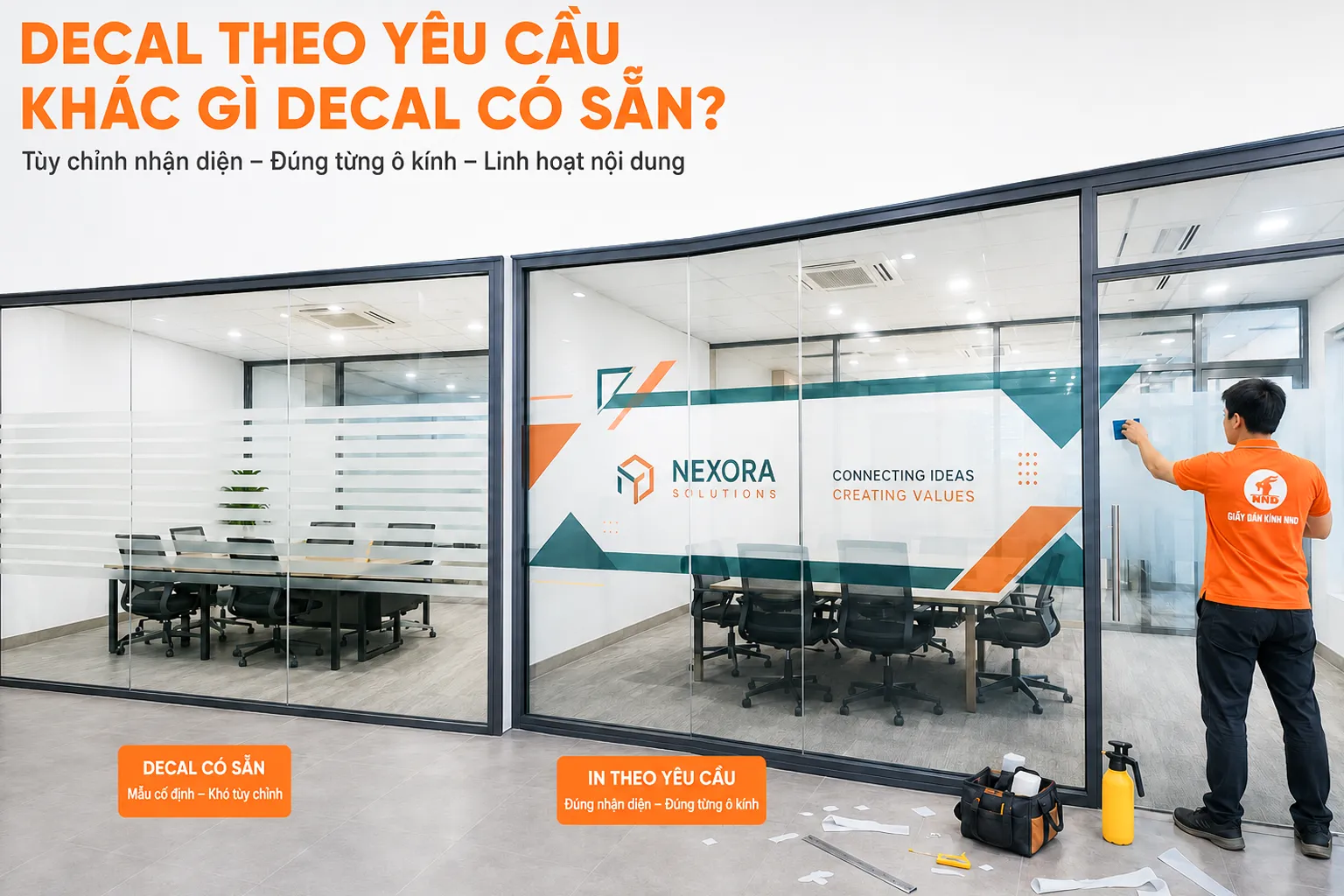 So sánh decal có sẵn và in decal dán kính theo yêu cầu cho phòng họp