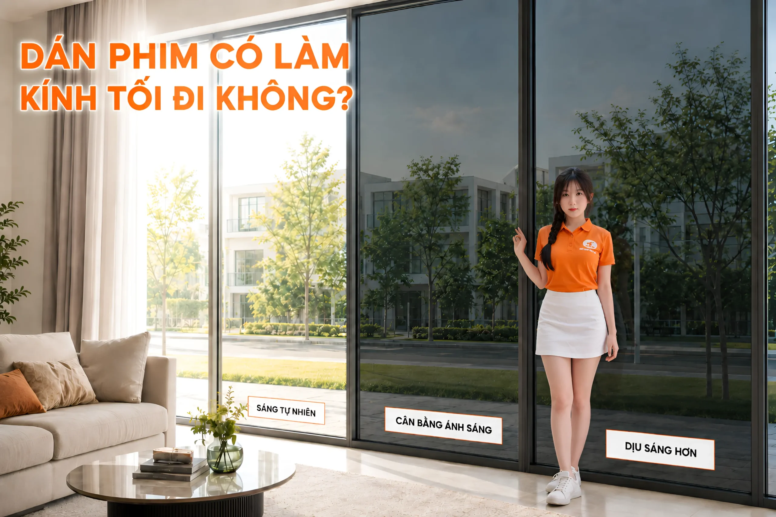 So sánh độ sáng của các ô cửa kính sau khi dán phim cách nhiệt trong phòng khách hiện đại.