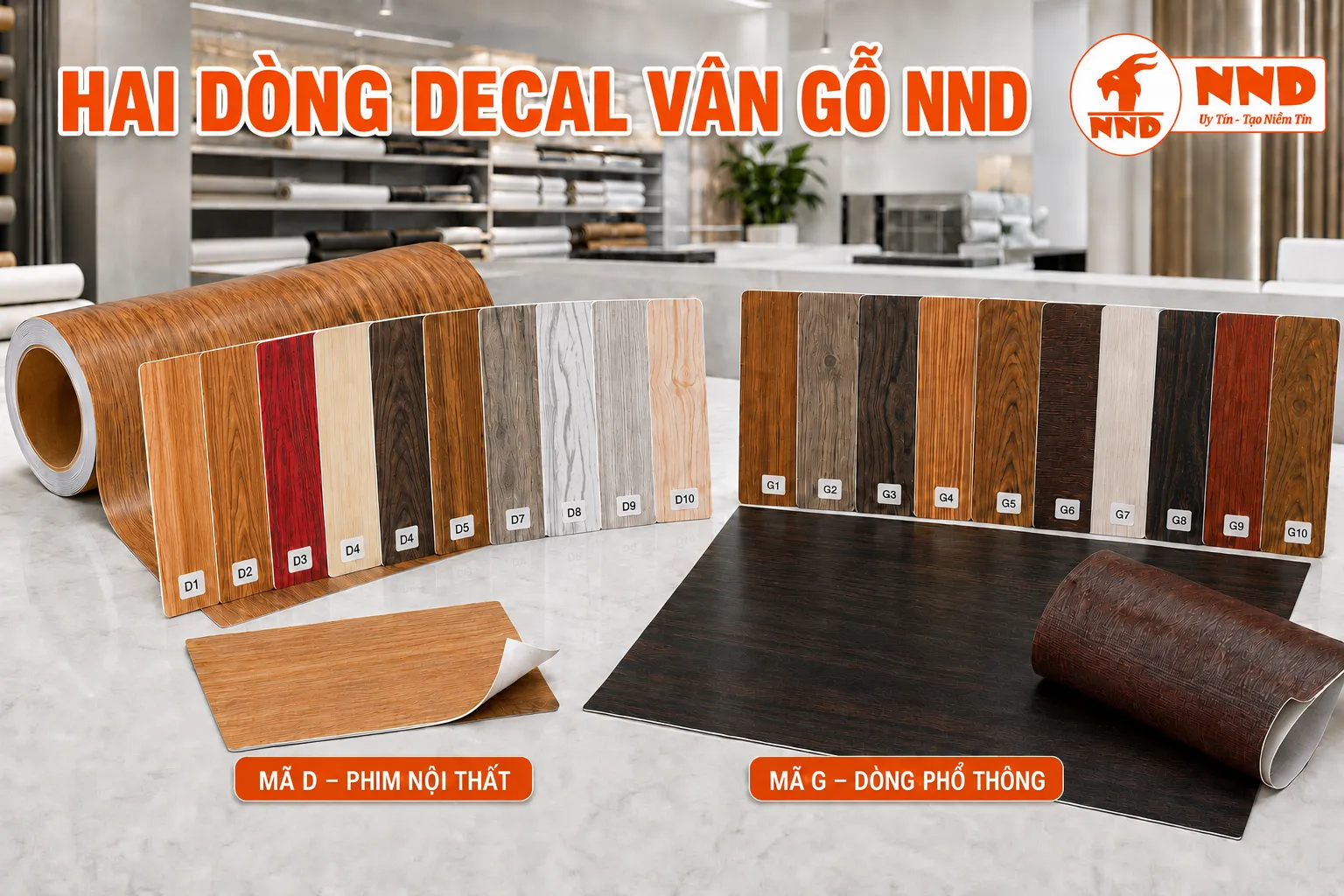 Bảng mẫu hai dòng decal vân gỗ NND mã D và mã G với nhiều màu sắc và kiểu đường vân