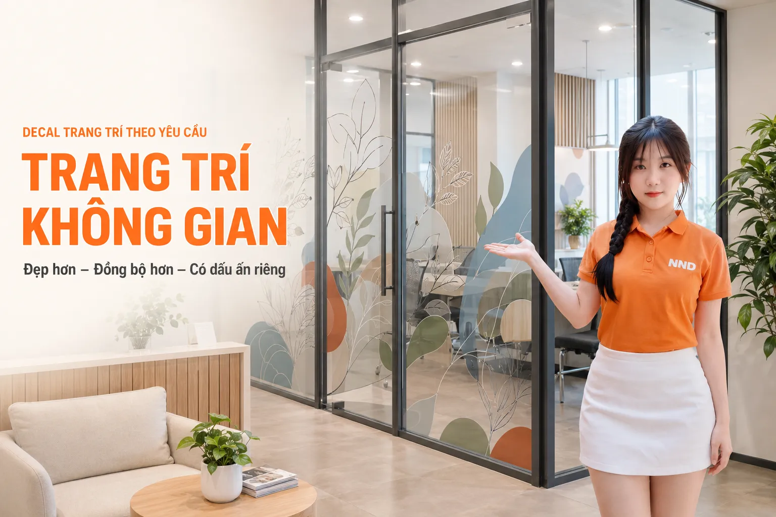 Decal trang trí theo yêu cầu với họa tiết lá trên vách kính văn phòng