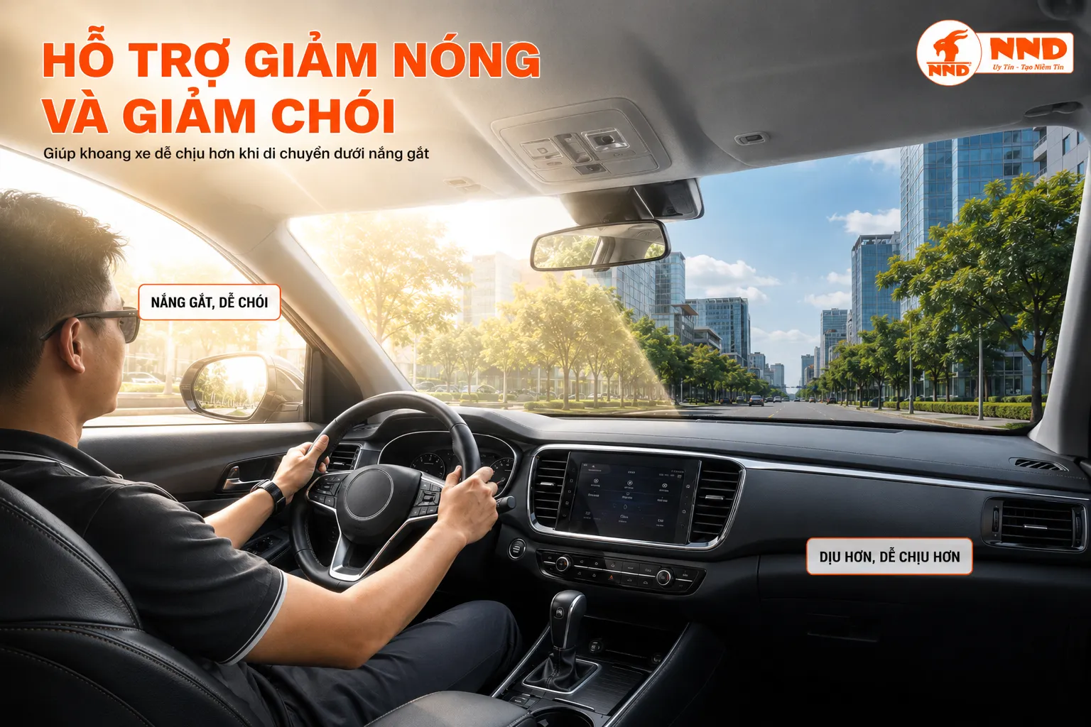 Góc nhìn trong ô tô minh họa phim cách nhiệt hỗ trợ giảm nóng và giảm chói khi lái xe dưới trời nắng.