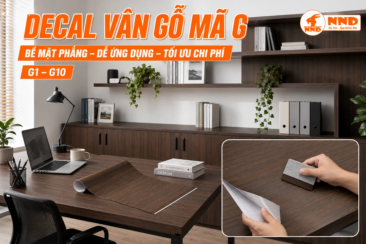 Decal vân gỗ mã G màu nâu đậm sử dụng cho bàn, tủ và các bề mặt nội thất phẳng