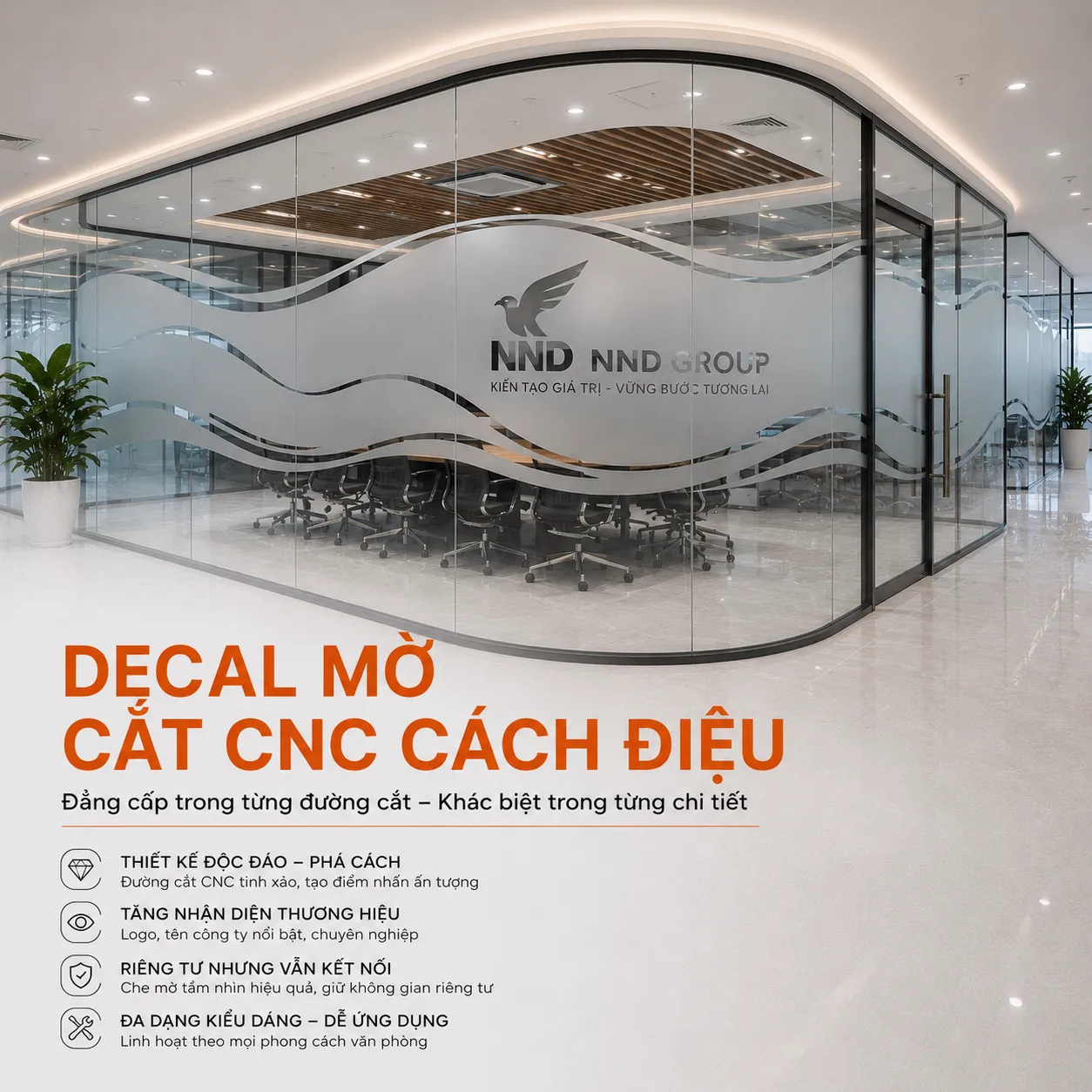 Decal Mờ Cắt CNC Nghệ Thuật Dán Kính Văn Phòng Đẹp Theo Yêu Cầu