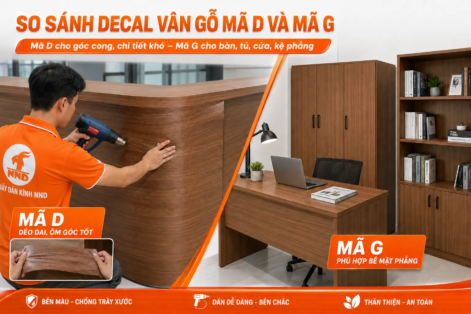 So sánh mã D ôm góc cong với decal vân gỗ mã G phù hợp bàn, tủ, cửa và kệ phẳng
