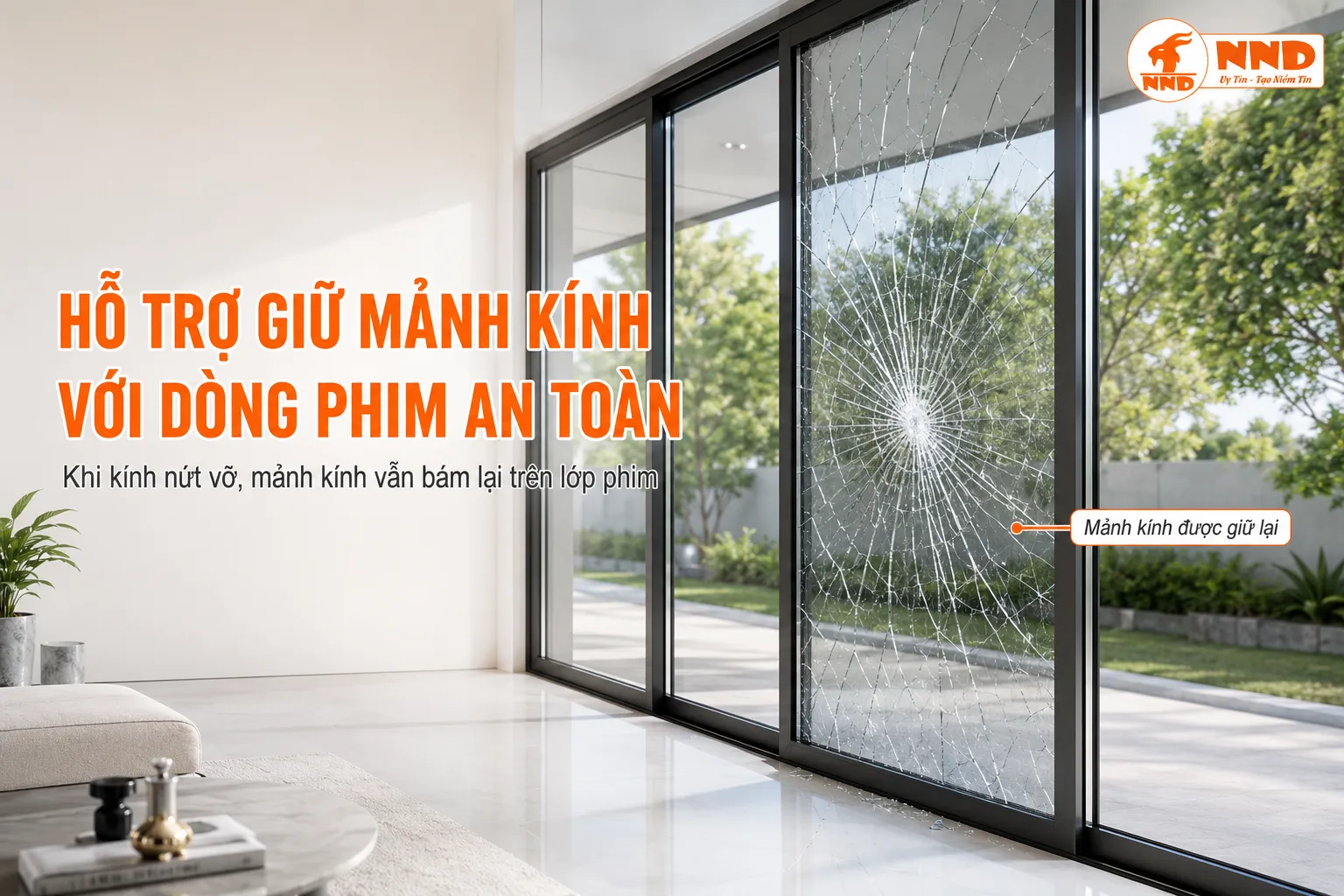 Kính cửa bị nứt nhưng các mảnh kính vẫn được giữ lại trên bề mặt nhờ dòng phim an toàn.