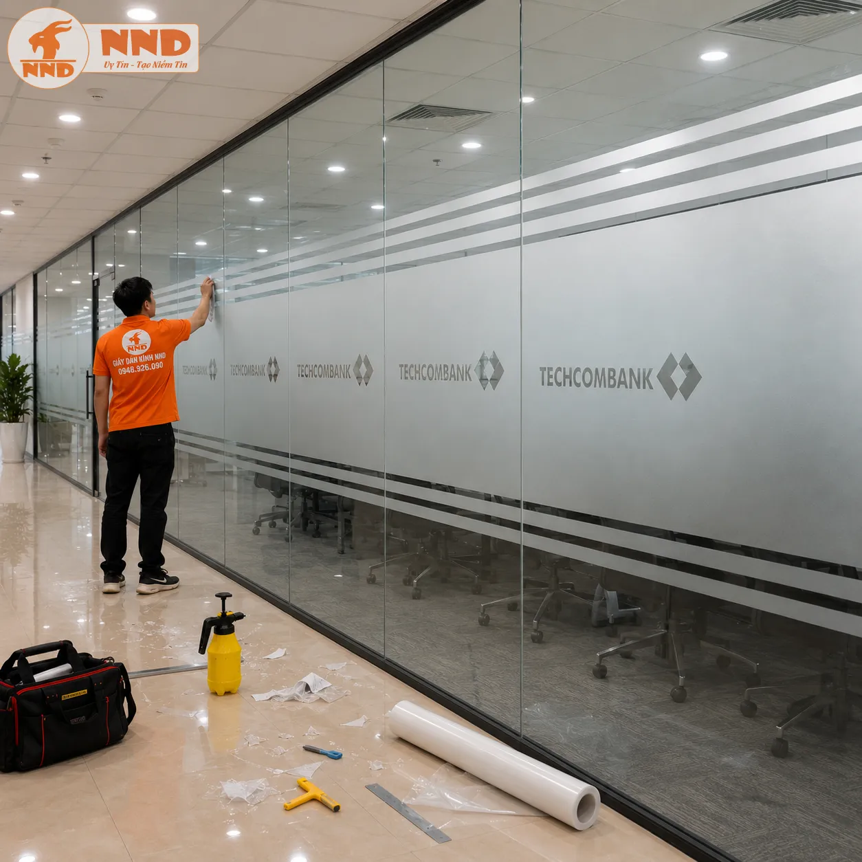 Decal mờ cắt logo âm bản Techcombank bản lớn kết hợp hệ chỉ ngang nhiều tầng trên vách kính phòng họp, tạo không gian làm việc riêng tư, tập trung và toát lên vẻ uy tín, minh bạch.