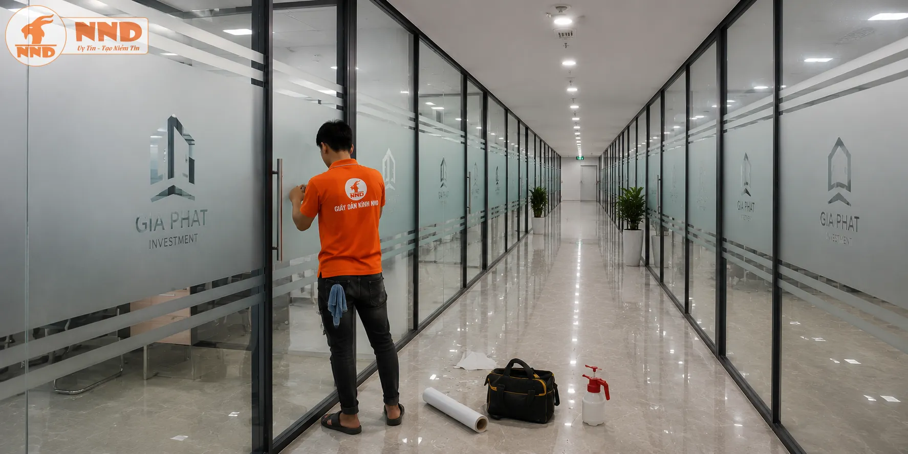 Hệ vách kính hành lang Gia Phat Investment được làm mới bằng decal mờ cắt logo âm bản sắc nét, định vị thương hiệu mạnh mẽ và tạo không gian sáng sủa, đáng tin cậy.