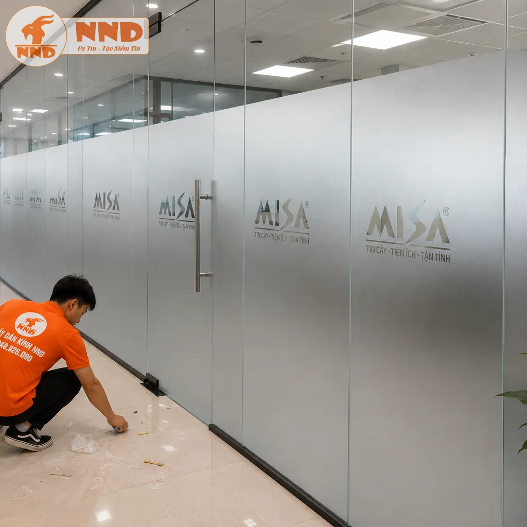 Lớp decal mờ cắt logo âm bản MISA bản lớn dán bao phủ phần lớn diện tích kính hành lang, phân chia khu vực làm việc kín đáo, riêng tư nhưng vẫn vô cùng thông thoáng và hiện đại.