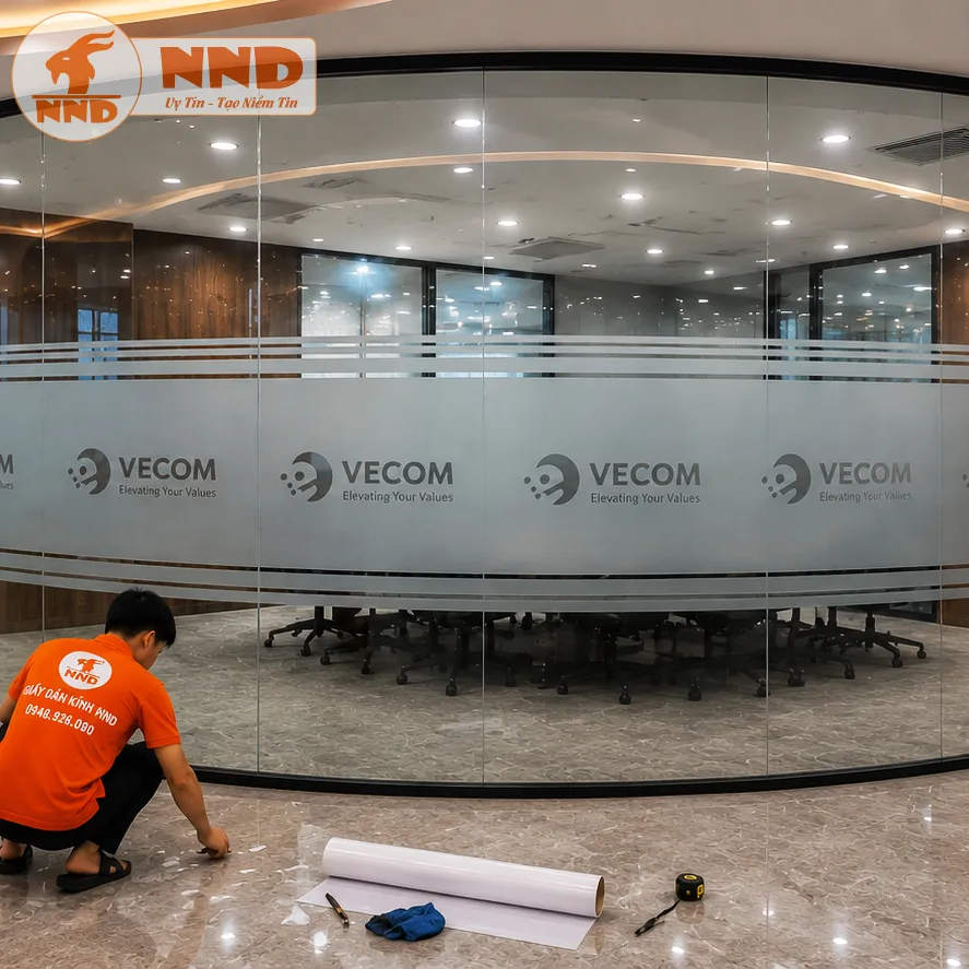 Hệ vách kính cong nghệ thuật của VECOM trở nên nổi bật nhờ lớp decal mờ cắt logo âm bản kết hợp đường line uốn lượn tinh tế, mang lại không gian làm việc mềm mại, đẳng cấp và thu hút.