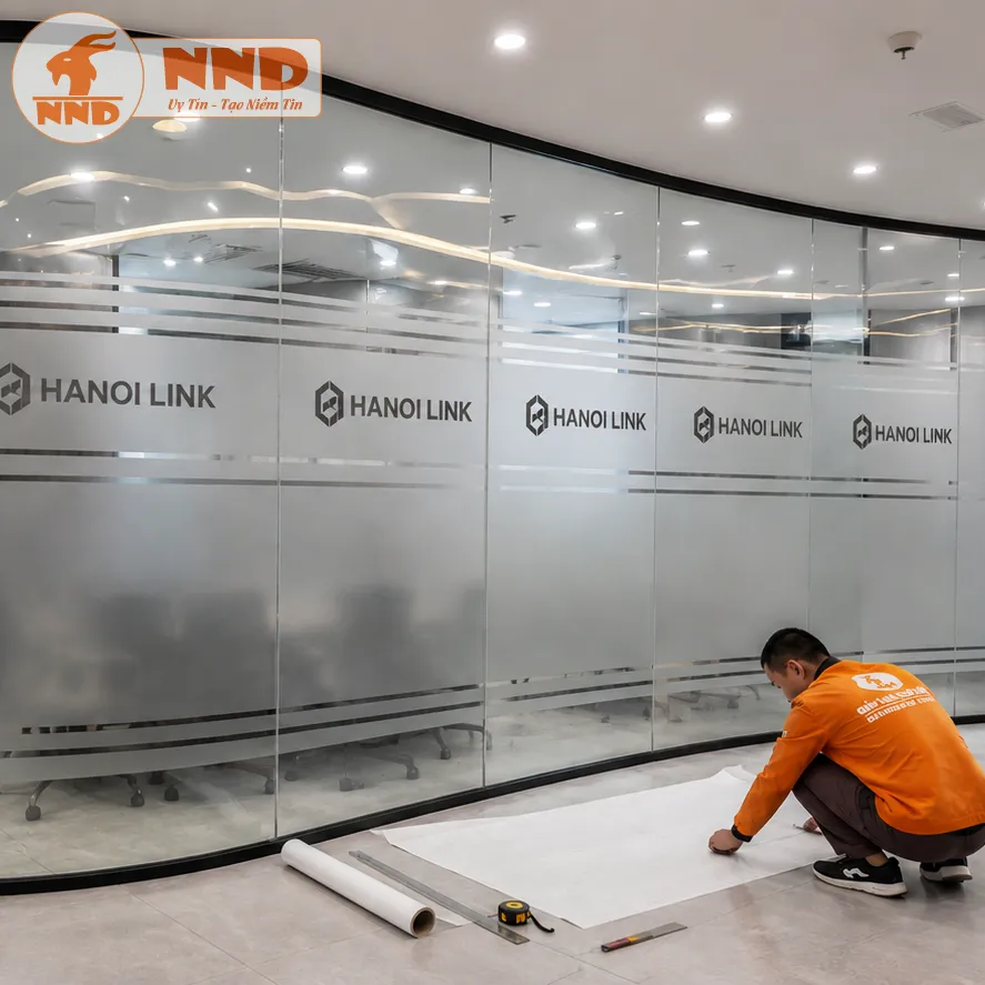 Mẫu decal mờ dán kính cắt logo âm bản Hanoi Link lặp lại đồng điệu dọc theo mảng vách kính uốn cong phòng họp lớn, vừa che chắn tầm nhìn khéo léo vừa tạo một tổng thể bề thế, chỉn chu.