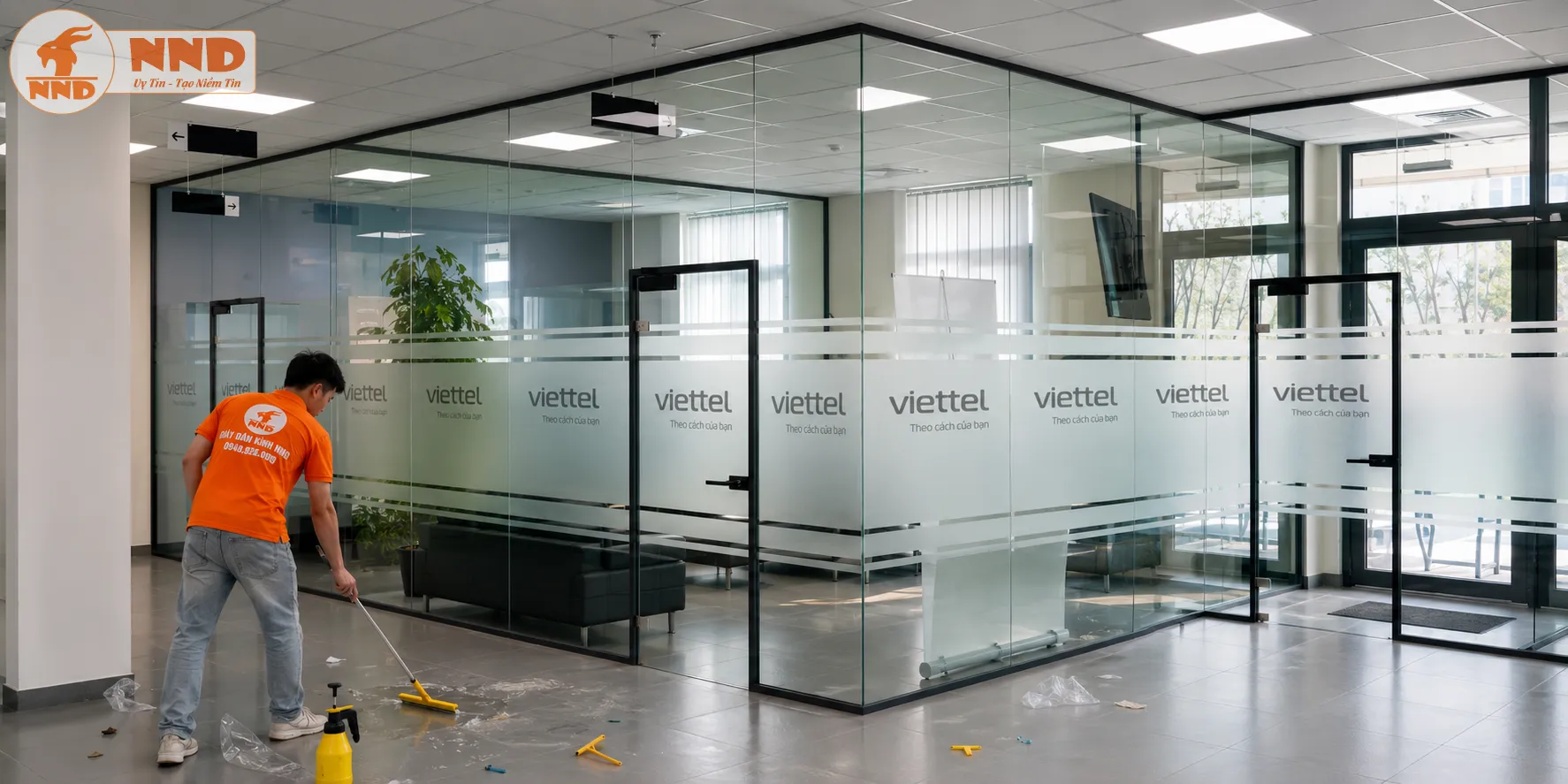 Vách kính văn phòng Viettel được bao phủ bởi decal mờ cắt logo âm bản và slogan tinh xảo, phân chia phòng ban thông thoáng, giữ nét riêng tư và đậm chất chuyên nghiệp, công nghệ.