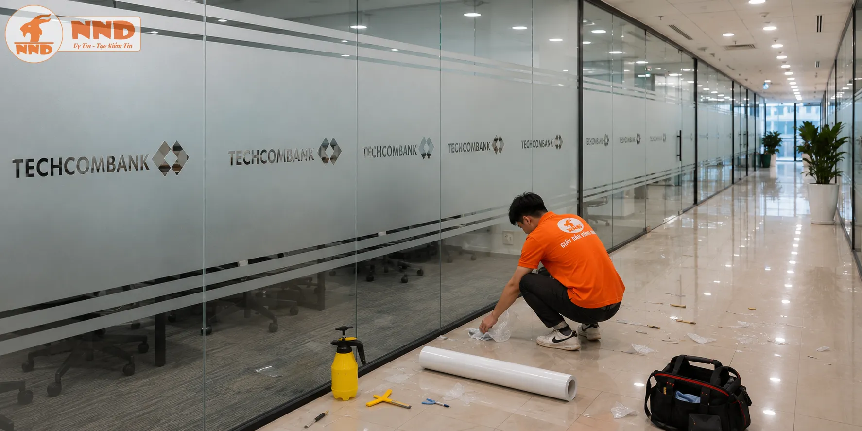 Decal mờ cắt logo âm bản Techcombank với dải mờ lớn ở giữa giúp nhân viên tập trung cao độ, định hình không gian ngân hàng hiện đại, thanh lịch và tạo sự an tâm.