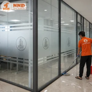 Decal mờ dán kính hành lang HDC Vietnam với biểu tượng logo tròn âm bản độc đáo kết hợp dải chỉ ngang đối xứng, mang đến vẻ đẹp kiến trúc hài hòa, yên tĩnh và vô cùng tập trung.