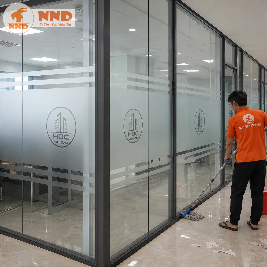 Decal mờ dán kính hành lang HDC Vietnam với biểu tượng logo tròn âm bản độc đáo kết hợp dải chỉ ngang đối xứng, mang đến vẻ đẹp kiến trúc hài hòa, yên tĩnh và vô cùng tập trung.