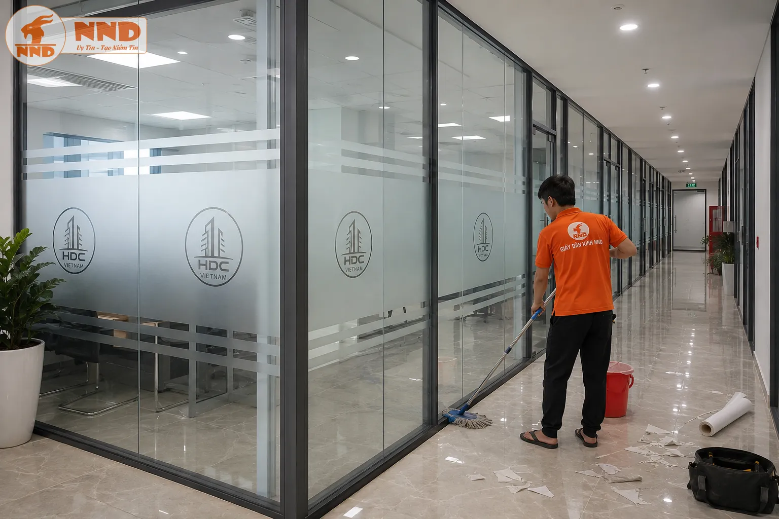 Decal mờ dán kính HDC Vietnam với biểu tượng logo tròn âm bản độc đáo kết hợp chỉ đôi, che chắn tầm nhìn vừa vặn mang nét kiến trúc hài hòa, yên tĩnh và tập trung.