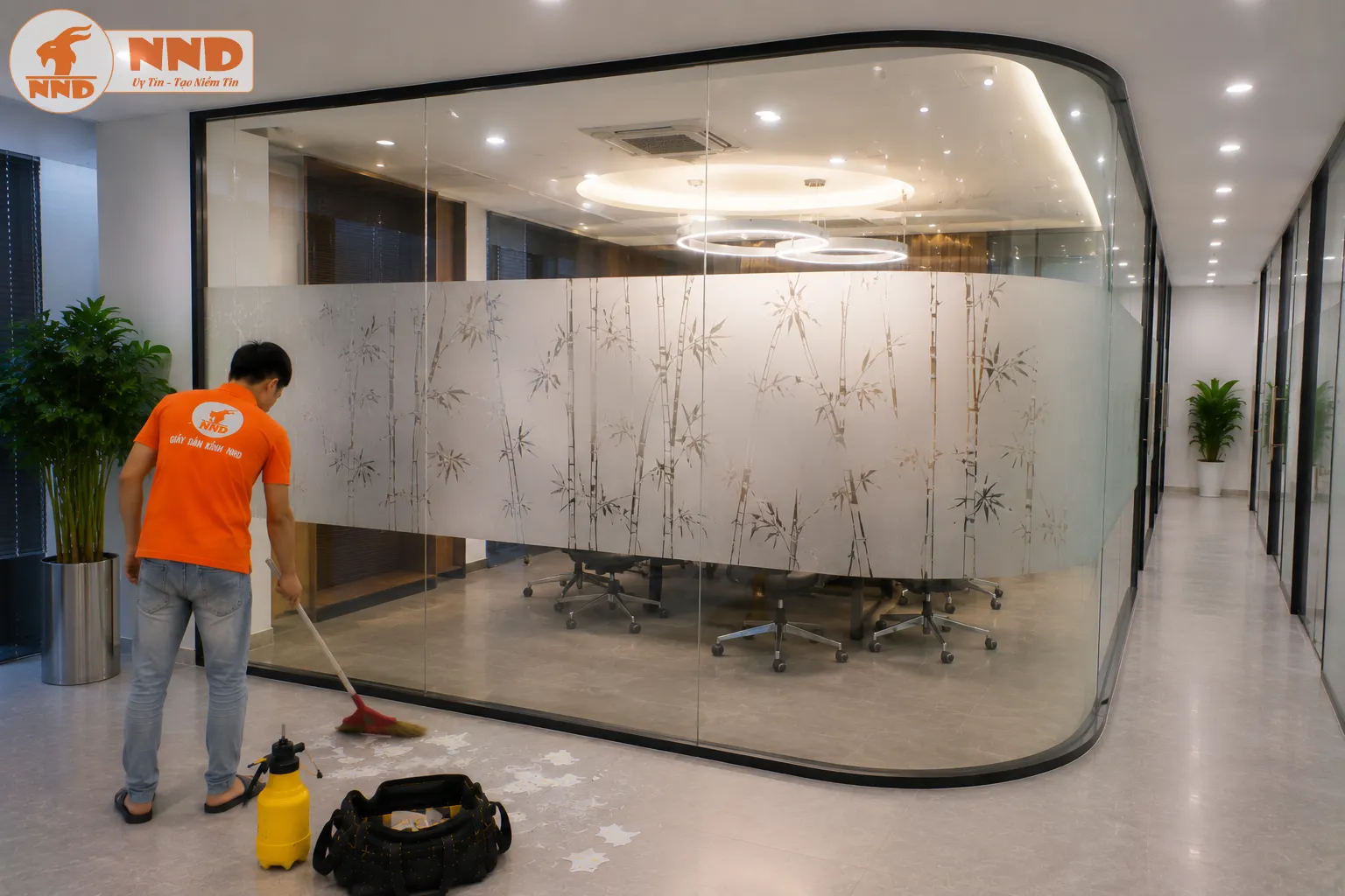 Họa tiết tre trúc được cắt CNC trên nền decal mờ mang đậm phong cách Á Đông. Vách kính trở nên trang nhã, tạo cảm giác yên bình và chuyên nghiệp cho văn phòng.
