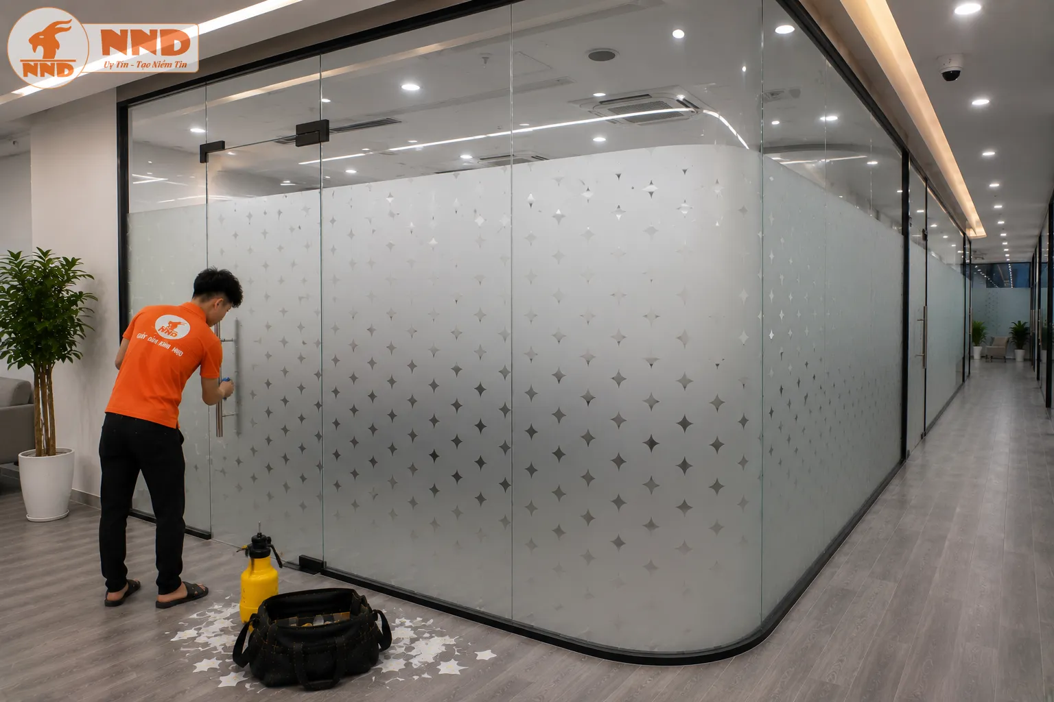 Decal mờ cắt CNC họa tiết ngôi sao nhỏ phân bố đều tạo vẻ đẹp tinh tế và trẻ trung. Phù hợp cho văn phòng, cửa kính hoặc phòng họp cần điểm nhấn nhẹ nhàng.