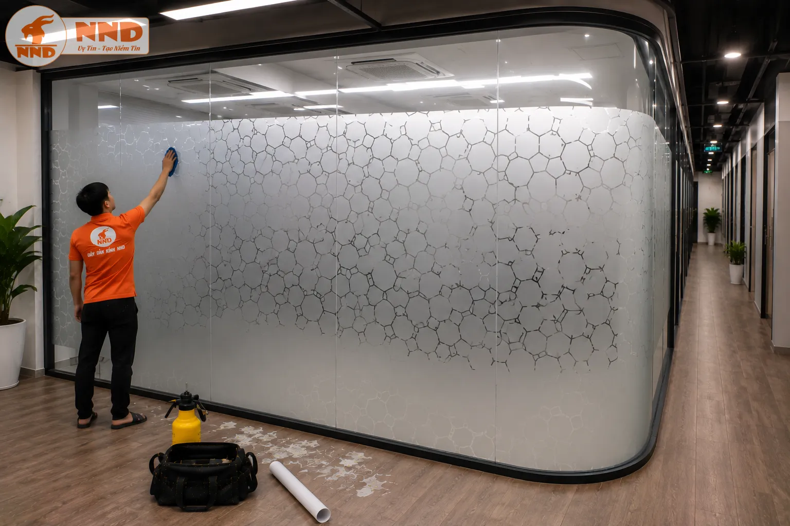 Decal mờ cắt CNC họa tiết tế bào ngẫu nhiên tạo hiệu ứng độc đáo và hiện đại. Các đường cắt mềm mại giúp vách kính nổi bật, vừa đảm bảo riêng tư vừa tăng tính nghệ thuật.