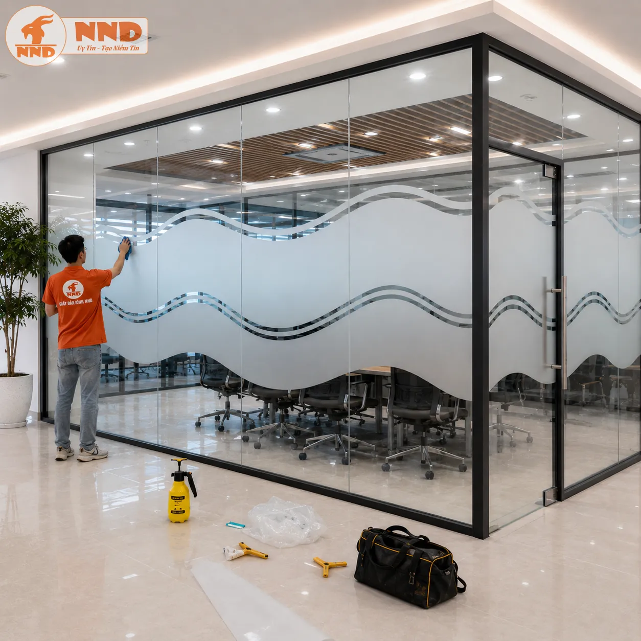 Decal mờ được cắt CNC âm bản họa tiết lượn sóng mềm mại, tạo điểm nhấn sang trọng cho phòng họp. Thiết kế vừa đảm bảo riêng tư, vừa giúp không gian văn phòng trở nên hiện đại và tinh tế.