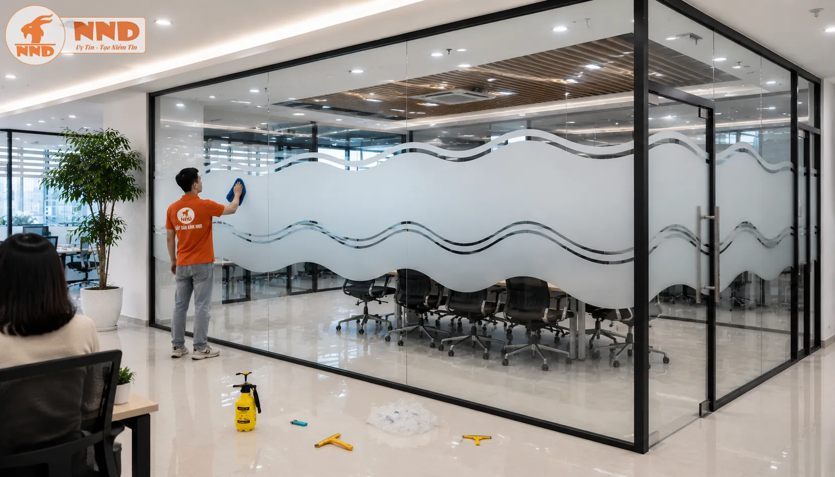 Họa tiết uốn lượn được cắt CNC trên nền decal mờ mang đến vẻ đẹp sang trọng và thanh lịch. Thiết kế tạo điểm nhấn tinh tế cho phòng họp và không gian văn phòng mở.