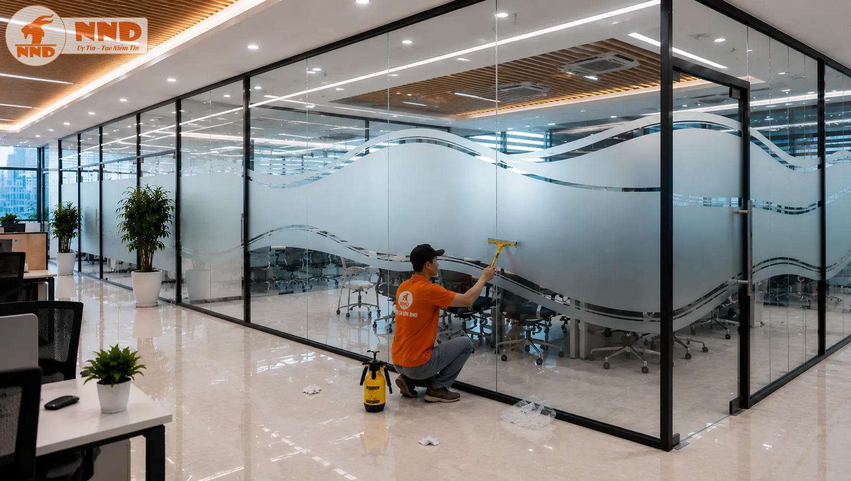 Kiểu cắt CNC đường cong mềm mại trên nền decal mờ mang đến vẻ đẹp tối giản nhưng cuốn hút. Không gian vẫn thông thoáng trong khi đảm bảo sự riêng tư cần thiết.