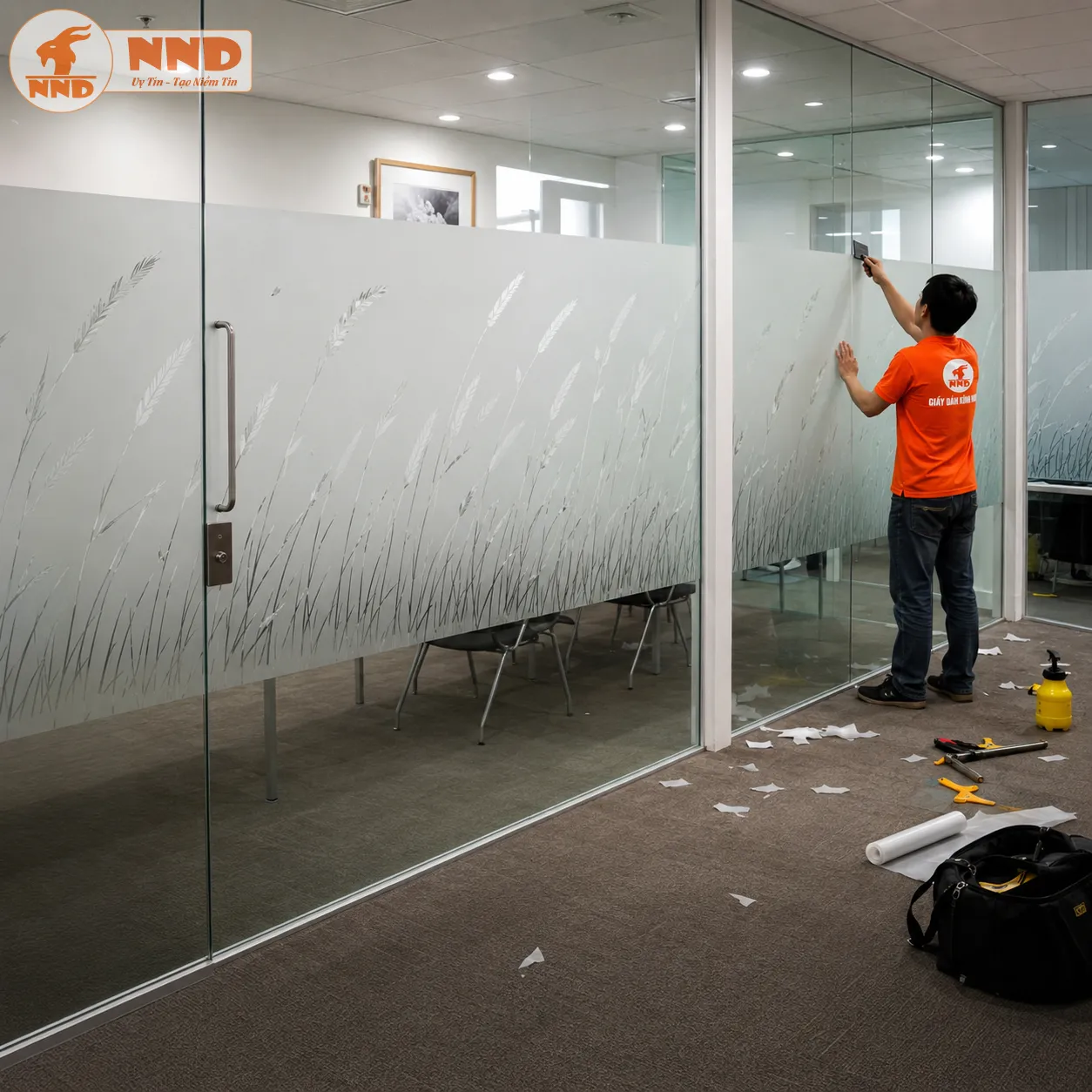 Decal mờ cắt CNC họa tiết cỏ lau nghệ thuật mang đến vẻ đẹp nhẹ nhàng, gần gũi thiên nhiên. Không gian vừa kín đáo, vừa tạo cảm giác thư giãn và chuyên nghiệp.