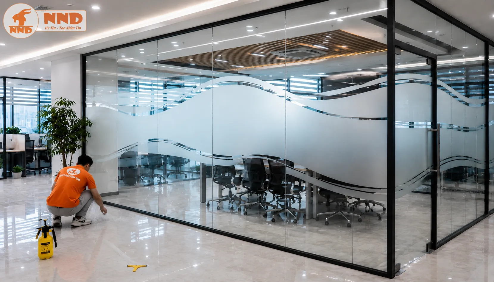 Đường cắt uốn lượn thanh mảnh kết hợp nền decal mờ tạo phong cách hiện đại và tinh tế. Thiết kế giúp không gian bớt đơn điệu, tăng chiều sâu cho vách kính.