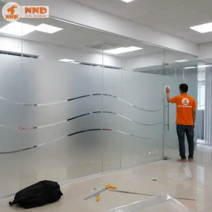 Decal mờ cắt CNC với các đường cong song song mang phong cách tối giản, hiện đại. Họa tiết giúp vách kính bớt đơn điệu, nâng cao giá trị thẩm mỹ và hình ảnh chuyên nghiệp của doanh nghiệp.
