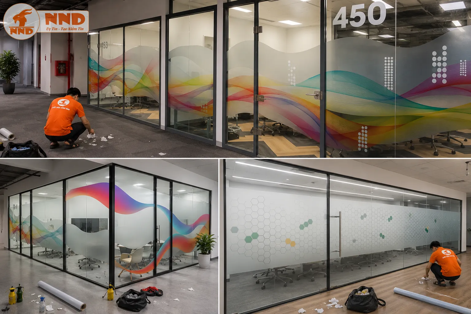 Decal mờ nghệ thuật vừa tăng sự riêng tư vừa tạo điểm nhấn tinh tế, giúp không gian họp trở nên sang trọng và hiện đại hơn
